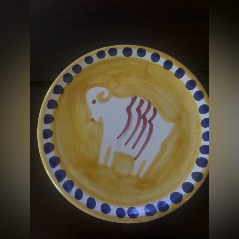 Solimene vietri Hand painted Ram Yellow and blue Plate 4 1/2”